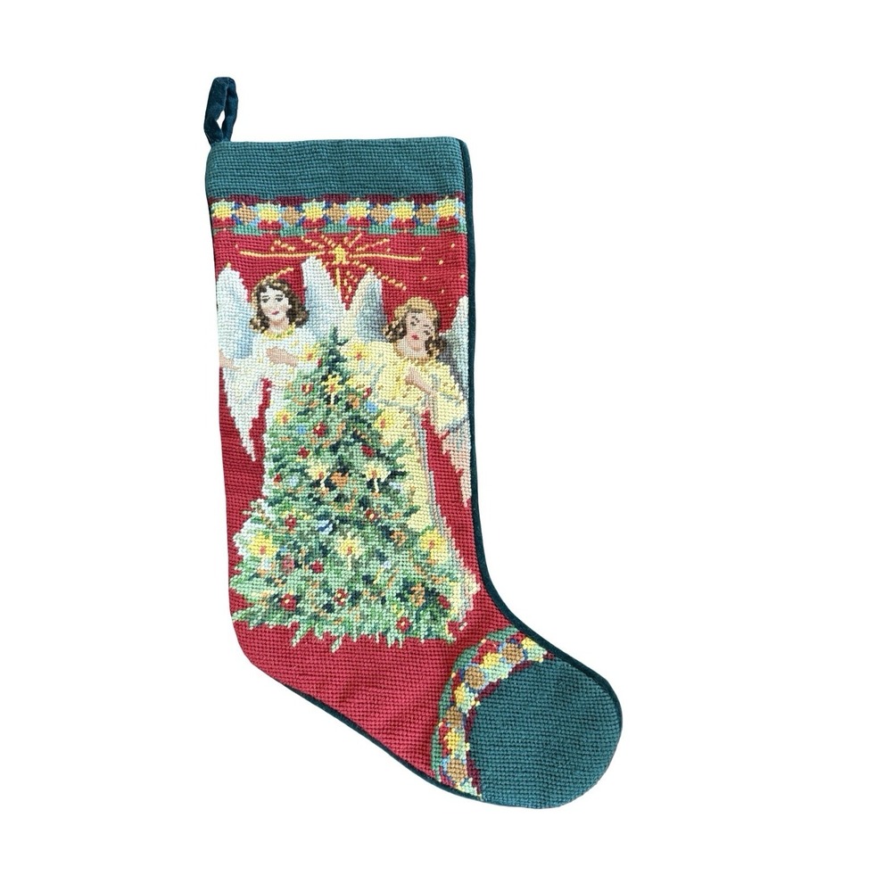 Vintage needlepoint wool Christmas Tree Stocking green background two angels